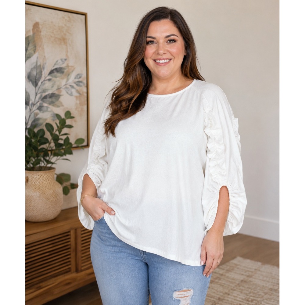ODDI Swiss Dot Ruched Ruffle Sleeve Blouse Size L Ivory NWT